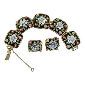 Vintage Bracelet Earrings Set Enamel Flowers Faux Pearls by Alice Jewelry Co